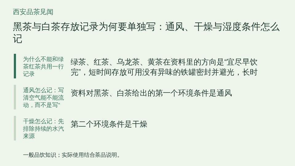 黑茶与白茶存放记录为何要单独写：通风、干燥与湿度条件怎么记的知识要点示意图