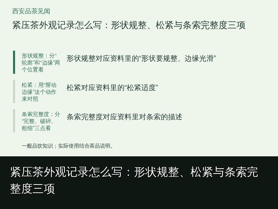紧压茶外观记录怎么写：形状规整、松紧与条索完整度三项的知识要点示意图